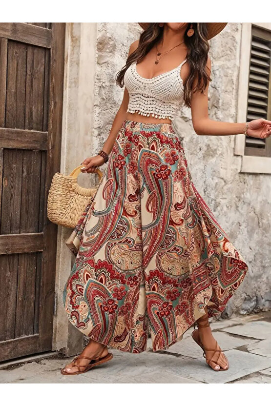 Gökyüzü Moda Kadın Yüksek Bel Beli Lastikli Desenli Geniş Paçalı Süprem Pantolon