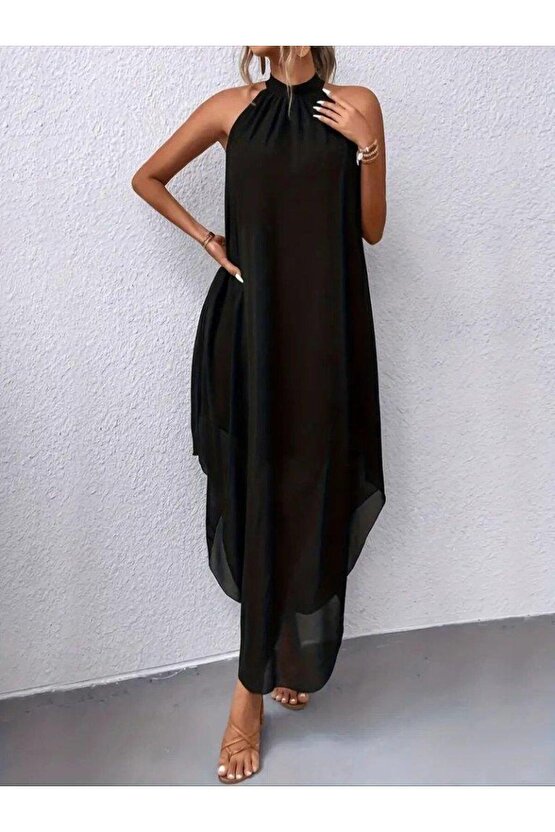 Kadın Omuzlardan Açık Daire Yakalı Astarlı şifon Elbise