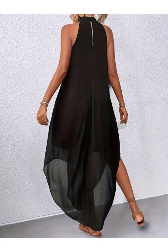 Kadın Omuzlardan Açık Daire Yakalı Astarlı şifon Elbise