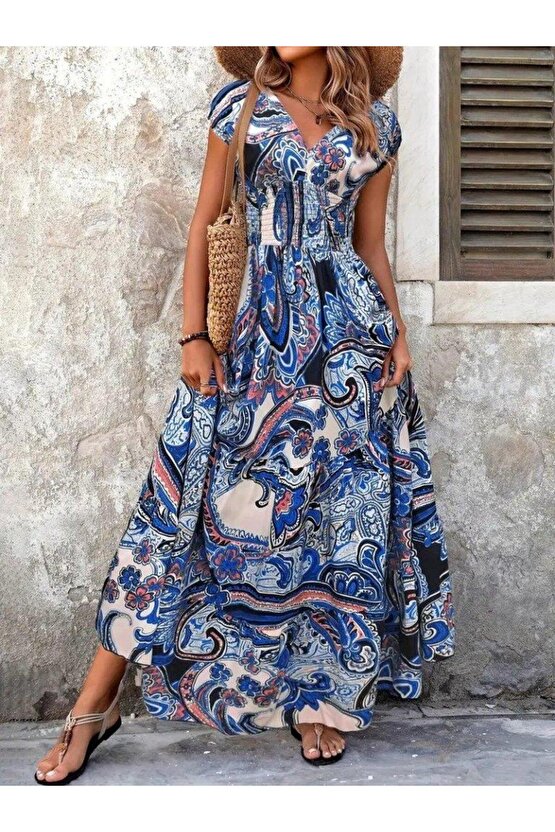 Kadın Kısa Yarasa Kanat Kollu V Yakalı Beli Büzgülü Süprem Elbise