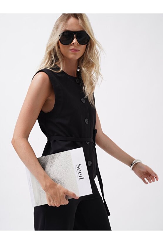 Gökyüzü Moda Kuşaklı Dokuma Yelek