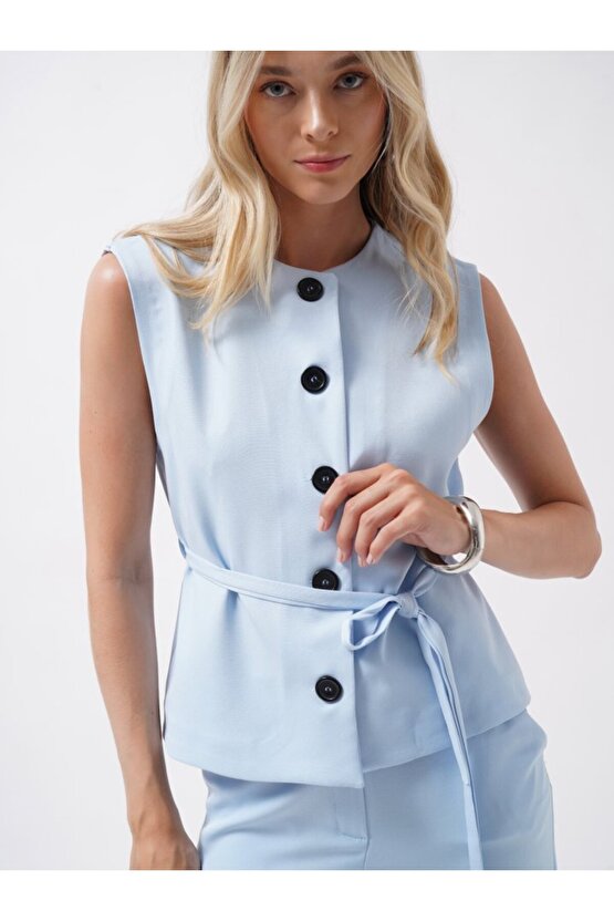 Gökyüzü Moda Kuşaklı Dokuma Yelek