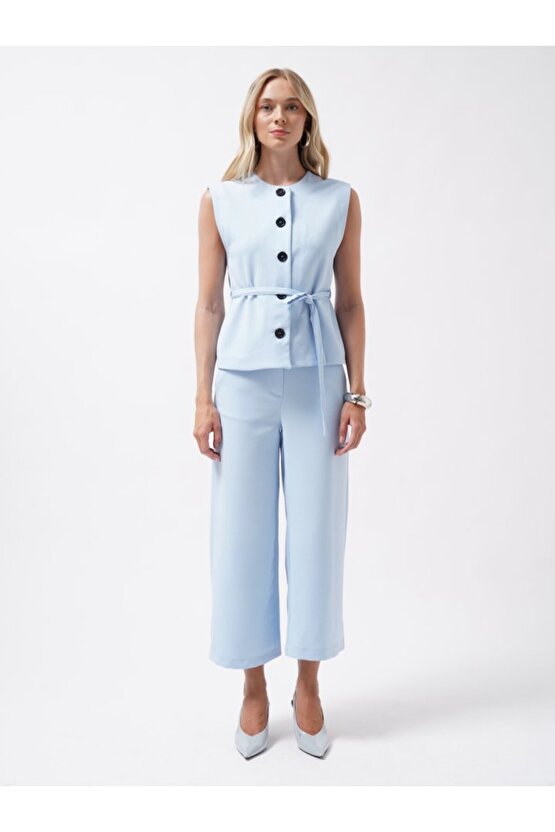 Gökyüzü Moda Kuşaklı Dokuma Yelek