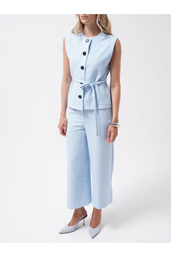 Gökyüzü Moda Kuşaklı Dokuma Yelek