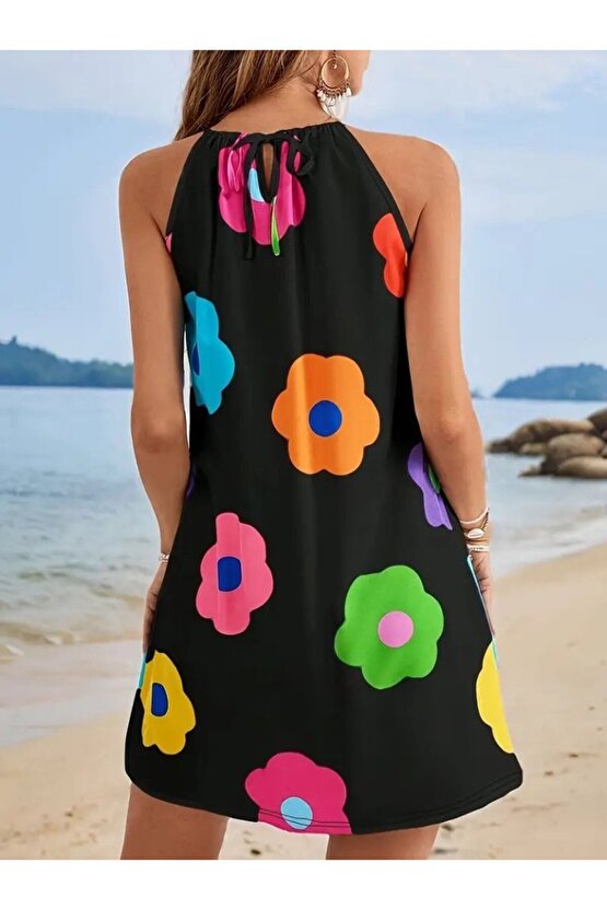 Gökyüzü Moda Kadın Boyundan Askılı Kolsuz çiçek Desenli Süprem Elbise