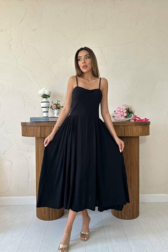 Gökyüzü Moda Siyah Göğüs Kuplu Uzun Büzgülü Elbise