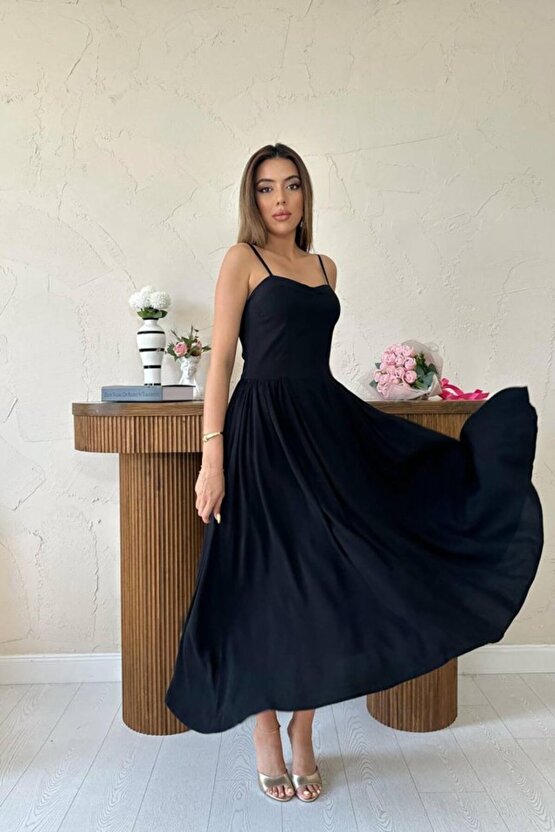 Gökyüzü Moda Siyah Göğüs Kuplu Uzun Büzgülü Elbise