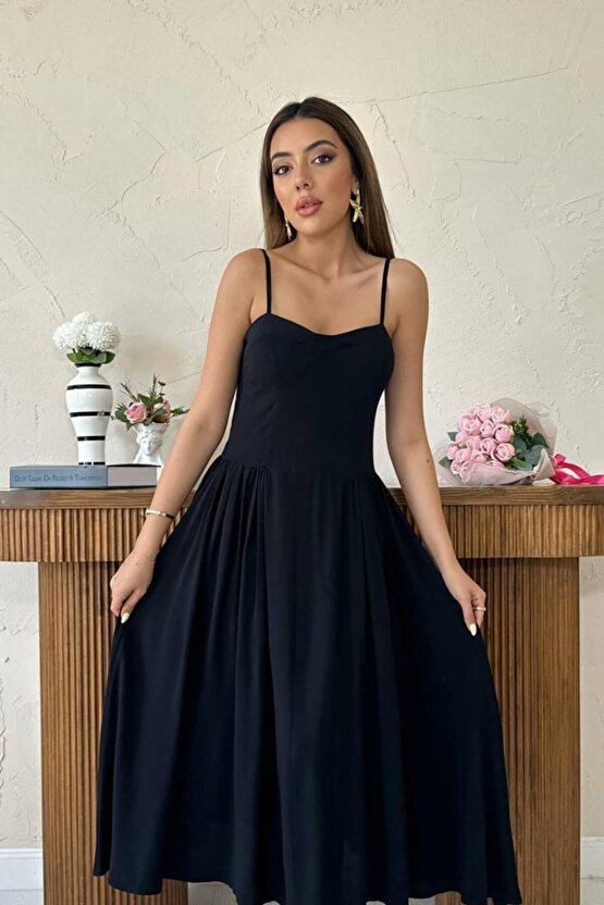Gökyüzü Moda Siyah Göğüs Kuplu Uzun Büzgülü Elbise
