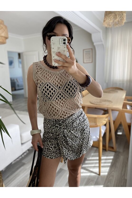 Gökyüzü Moda Kadın Askılı Yuvarlak Yaka Geometrik Desenli Triko Bluz