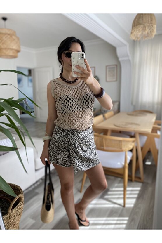 Gökyüzü Moda Kadın Askılı Yuvarlak Yaka Geometrik Desenli Triko Bluz