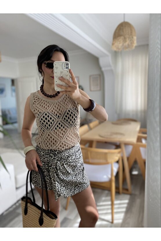 Gökyüzü Moda Kadın Askılı Yuvarlak Yaka Geometrik Desenli Triko Bluz