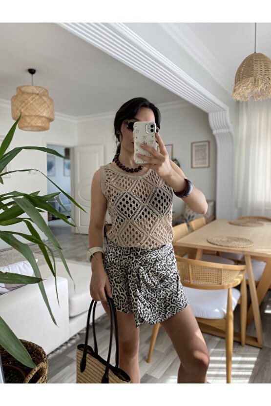 Gökyüzü Moda Kadın Askılı Yuvarlak Yaka Geometrik Desenli Triko Bluz