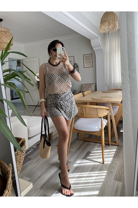 Gökyüzü Moda Kadın Askılı Yuvarlak Yaka Geometrik Desenli Triko Bluz