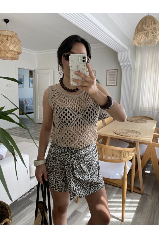 Gökyüzü Moda Kadın Askılı Yuvarlak Yaka Geometrik Desenli Triko Bluz