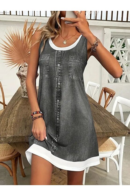 Gökyüzü Moda Kadın Askılı Yuvarlak Yakalı Kot Görünümlü Kısa Süprem Elbise