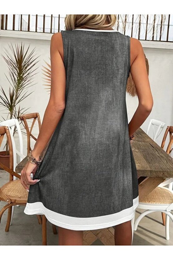 Gökyüzü Moda Kadın Askılı Yuvarlak Yakalı Kot Görünümlü Kısa Süprem Elbise