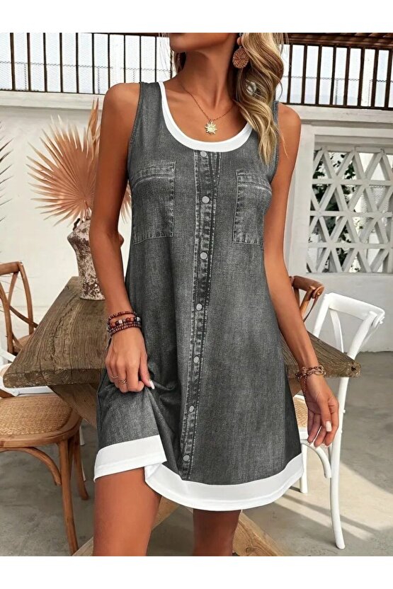 Gökyüzü Moda Kadın Askılı Yuvarlak Yakalı Kot Görünümlü Kısa Süprem Elbise