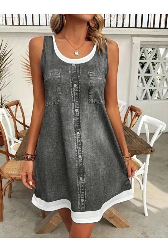 Gökyüzü Moda Kadın Askılı Yuvarlak Yakalı Kot Görünümlü Kısa Süprem Elbise