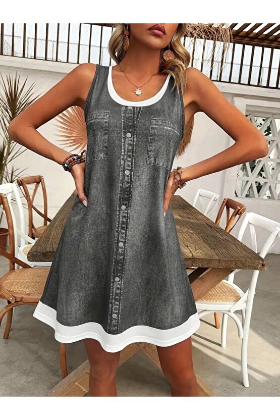 Gökyüzü Moda Kadın Askılı Yuvarlak Yakalı Kot Görünümlü Kısa Süprem Elbise