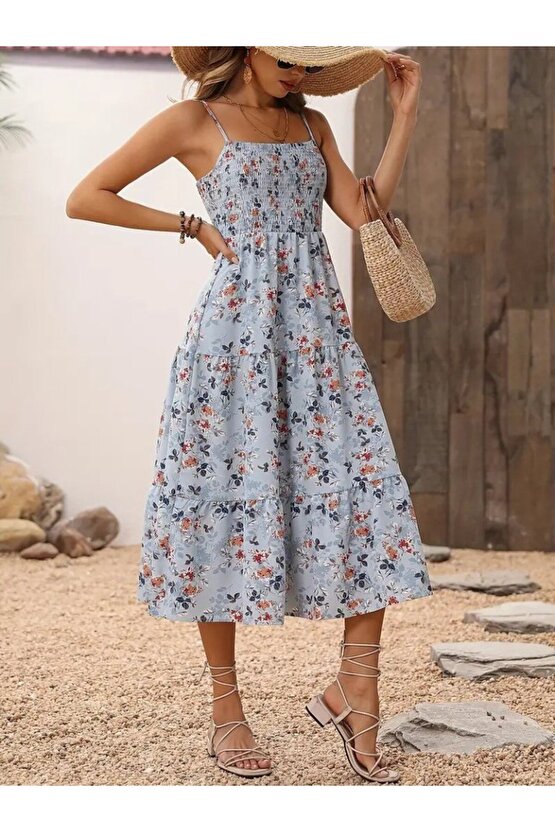 Gökyüzü Moda Kadın Ip Askılı Geniş V Yakalı Desenli Uzun Süprem Elbise