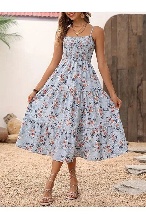 Gökyüzü Moda Kadın Ip Askılı Geniş V Yakalı Desenli Uzun Süprem Elbise