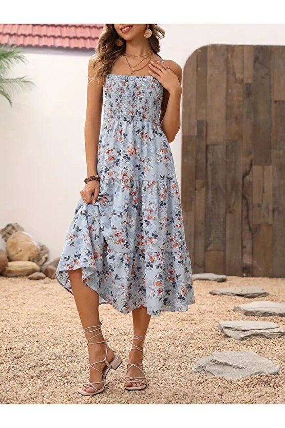 Gökyüzü Moda Kadın Ip Askılı Geniş V Yakalı Desenli Uzun Süprem Elbise