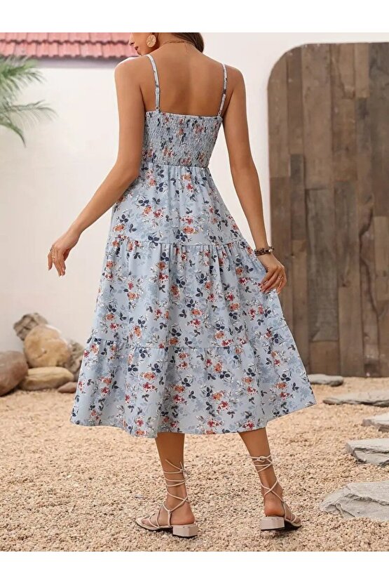 Gökyüzü Moda Kadın Ip Askılı Geniş V Yakalı Desenli Uzun Süprem Elbise