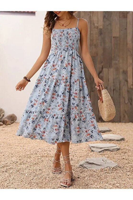 Gökyüzü Moda Kadın Ip Askılı Geniş V Yakalı Desenli Uzun Süprem Elbise