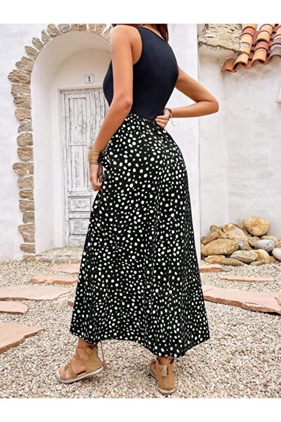 Gökyüzü Moda Kadın Askılı Yuvarlak Yaka üst Viskon Alt Desenli Bürümcük Elbise