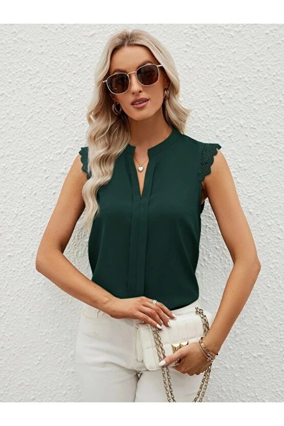 Kadın Kısa Dantel Kollu Hakim Yaka Ithal Krep Bluz