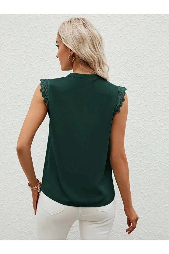 Kadın Kısa Dantel Kollu Hakim Yaka Ithal Krep Bluz