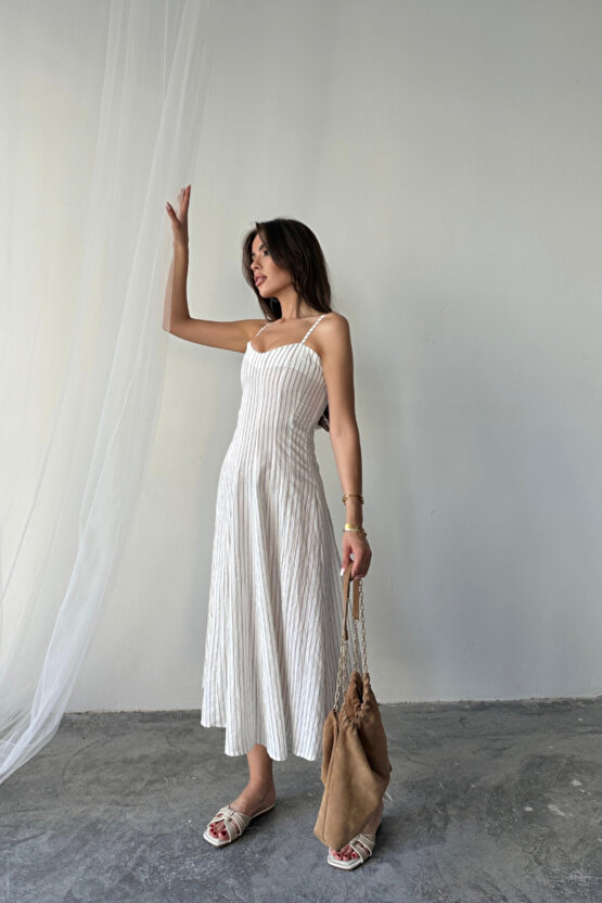 Gökyüzü Moda SİMLİ ÇİZGİLİ ASKILI ELBİSE MİDİ BOY - Kahverengi