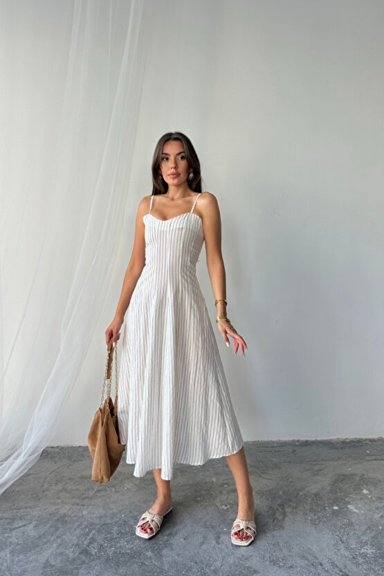 Gökyüzü Moda SİMLİ ÇİZGİLİ ASKILI ELBİSE MİDİ BOY - Kahverengi