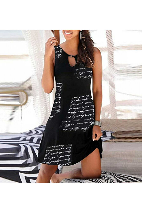 Gökyüzü Moda Kadın Kolsuz Halka Detay Mektup Desenli Mikro Elbise