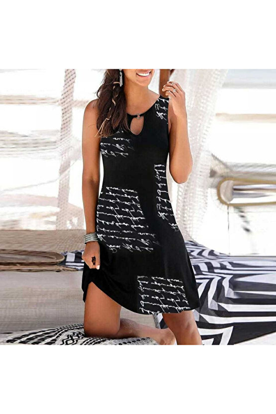 Gökyüzü Moda Kadın Kolsuz Halka Detay Mektup Desenli Mikro Elbise