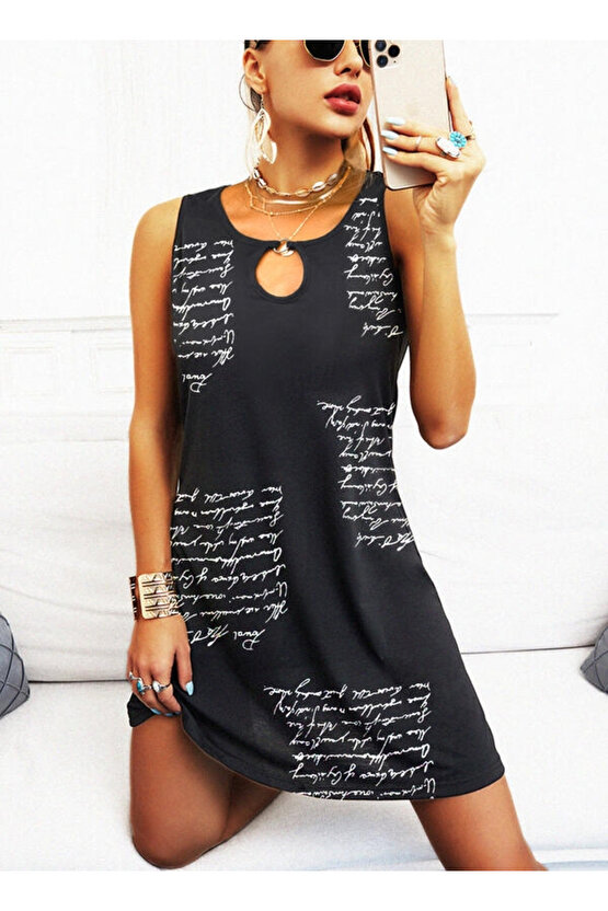 Gökyüzü Moda Kadın Kolsuz Halka Detay Mektup Desenli Mikro Elbise