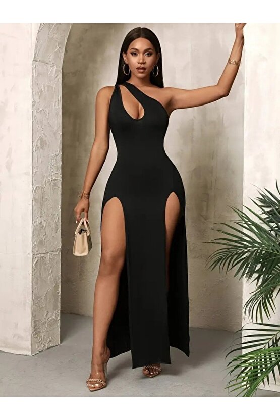 Gökyüzü Moda Kadın Tek Omuzdan Açık Damla Detaylı Yırtmaç Detaylı Uzun Janjan Krep Elbise