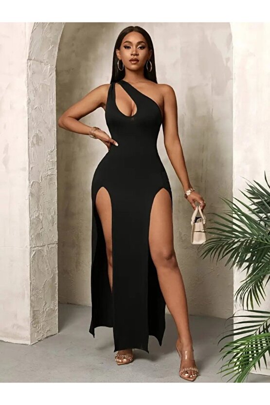 Gökyüzü Moda Kadın Tek Omuzdan Açık Damla Detaylı Yırtmaç Detaylı Uzun Janjan Krep Elbise