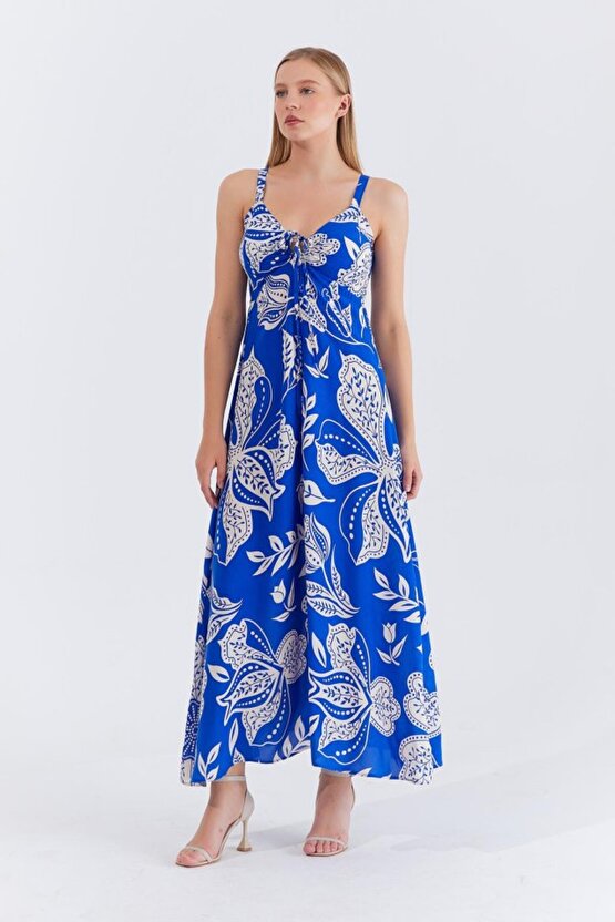 Gökyüzü Moda Askılı Viscon Elbise - Saks