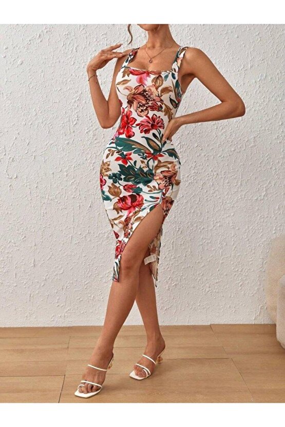 Kadın Askılı Kare Yakalı Yırtmaçlı çiçek Desenli Dalgıç Elbise