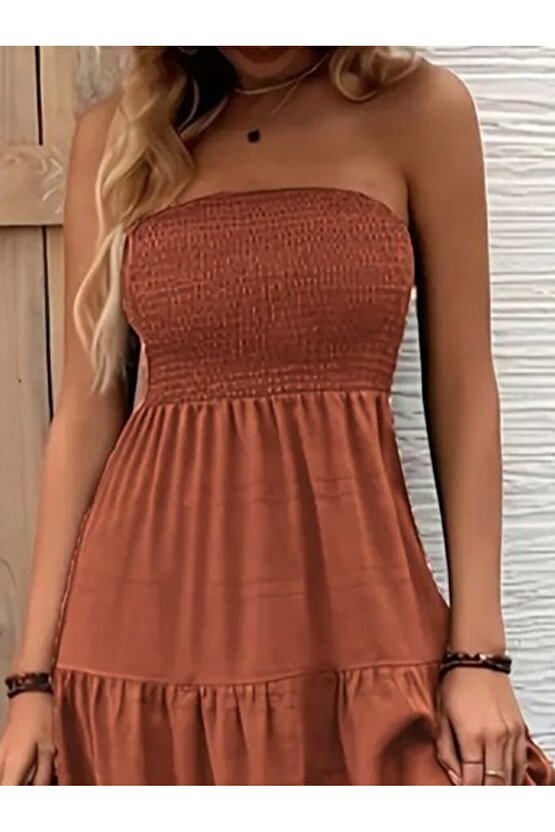 Gökyüzü Moda Kadın Straplez Göğüsten Lastikli Kloş Aerobin Uzun Elbise