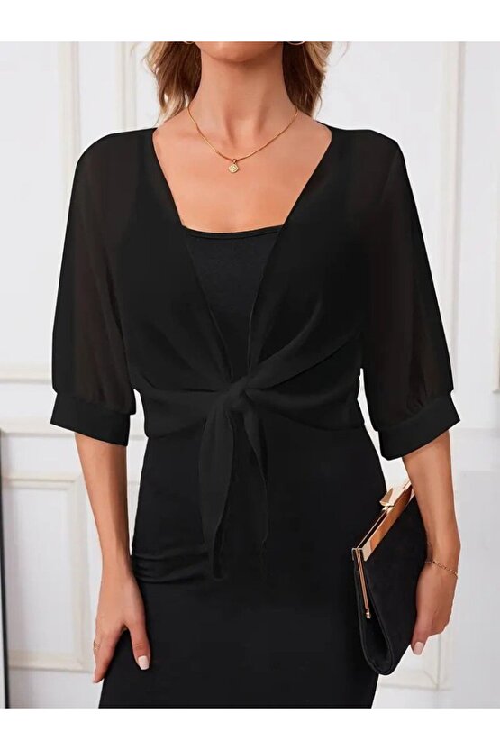 Gökyüzü Moda Kadın Truvakar Kol önden Bağlamalı Kısa şifon Bolero Ceket