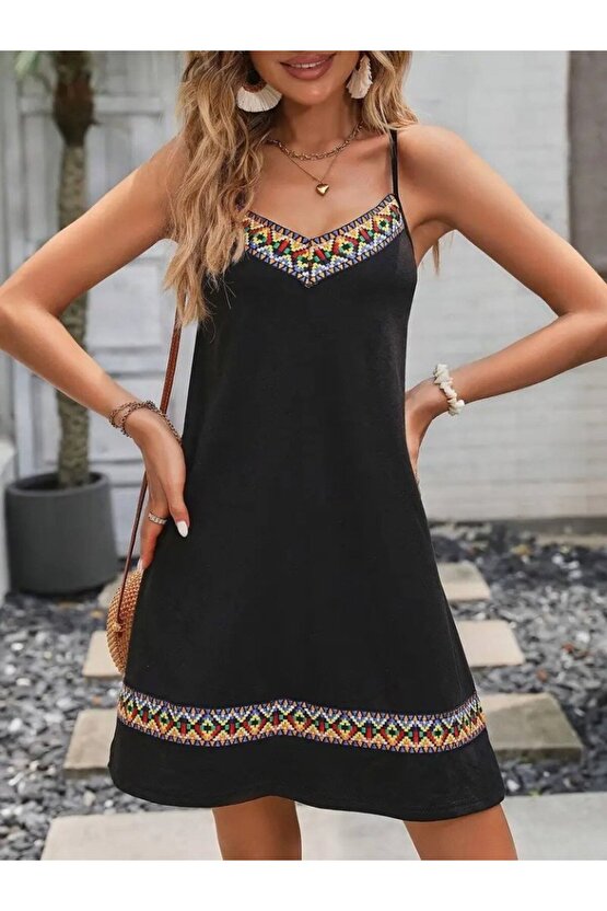 Gökyüzü Moda Kadın Ip Askılı V Yakalı Etnik Desenli Detaylı Elbise
