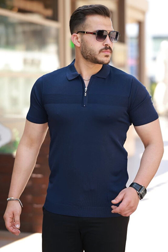 Erkek Göğüs Pirinç Desenli Fermuar Yakalı Kısa Kollu Tişört