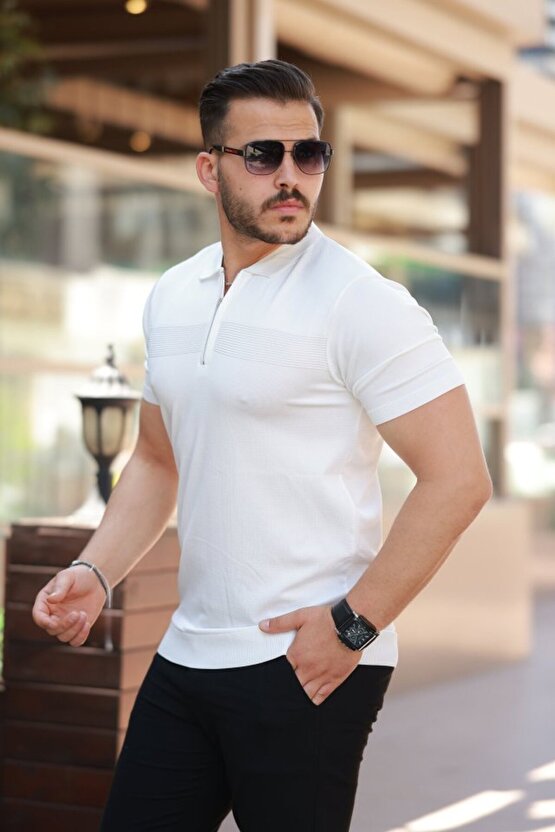 Gökyüzü Moda Erkek Göğüs Pirinç Desenli Fermuar Yakalı Kısa Kollu Tişört