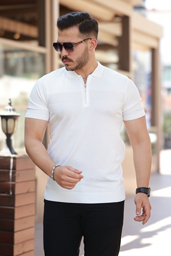 Gökyüzü Moda Erkek Göğüs Pirinç Desenli Fermuar Yakalı Kısa Kollu Tişört