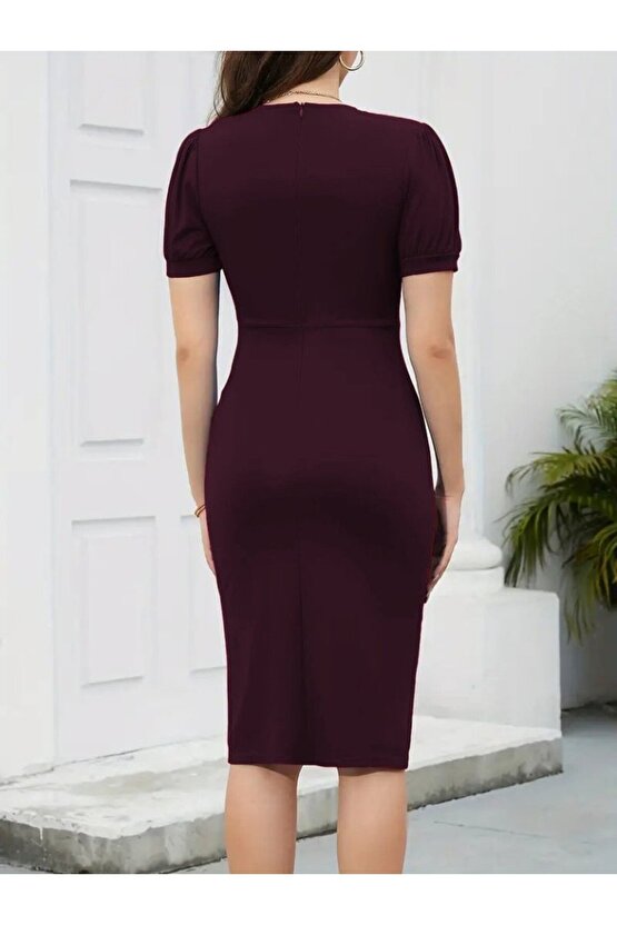 Gökyüzü Moda Kadın Kısa Kollu V Yakalı önden Fırfırlı Ithal Krep Elbise