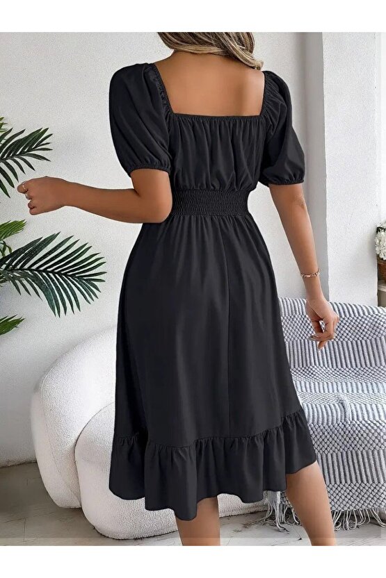 Gökyüzü Moda Kadın Kısa Kollu Kare Yakalı Beli Lastikli Kısa Trikoton Elbise