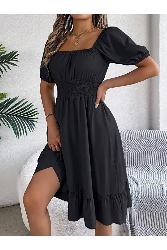 Gökyüzü Moda Kadın Kısa Kollu Kare Yakalı Beli Lastikli Kısa Trikoton Elbise