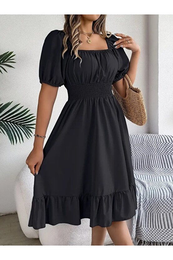 Gökyüzü Moda Kadın Kısa Kollu Kare Yakalı Beli Lastikli Kısa Trikoton Elbise